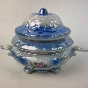 Vintage Blue lridescent Ceramic Bowl With Lid